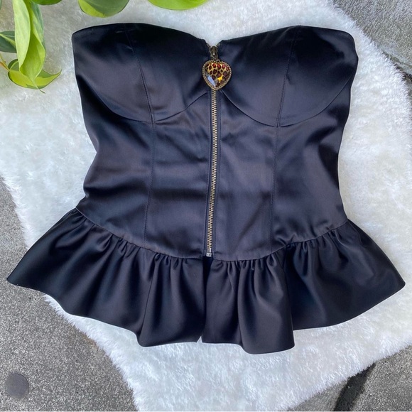 y2k Black Satin Betsey Johnson Peplum Corset Top - Picture 1 of 5